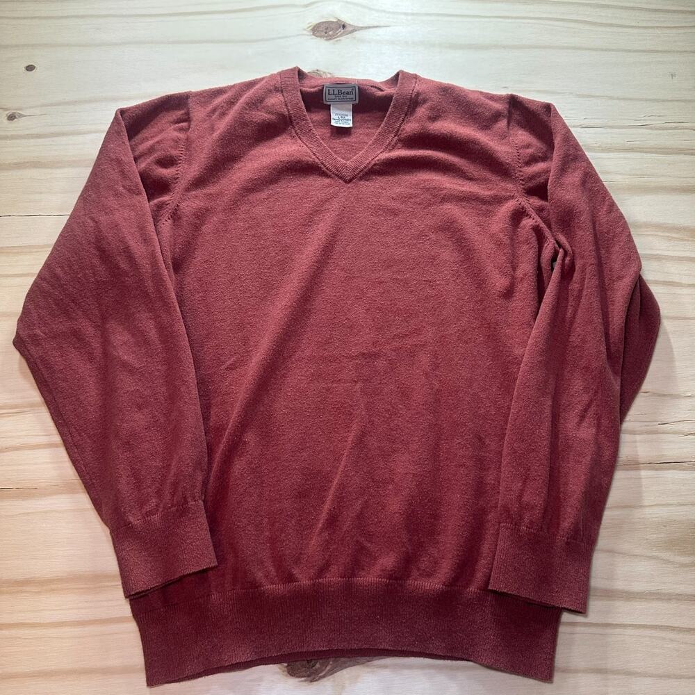 LL Bean Mens L-Reg Orange Pullover Sweater V-Neck Cotton Cashmere Blend 274603